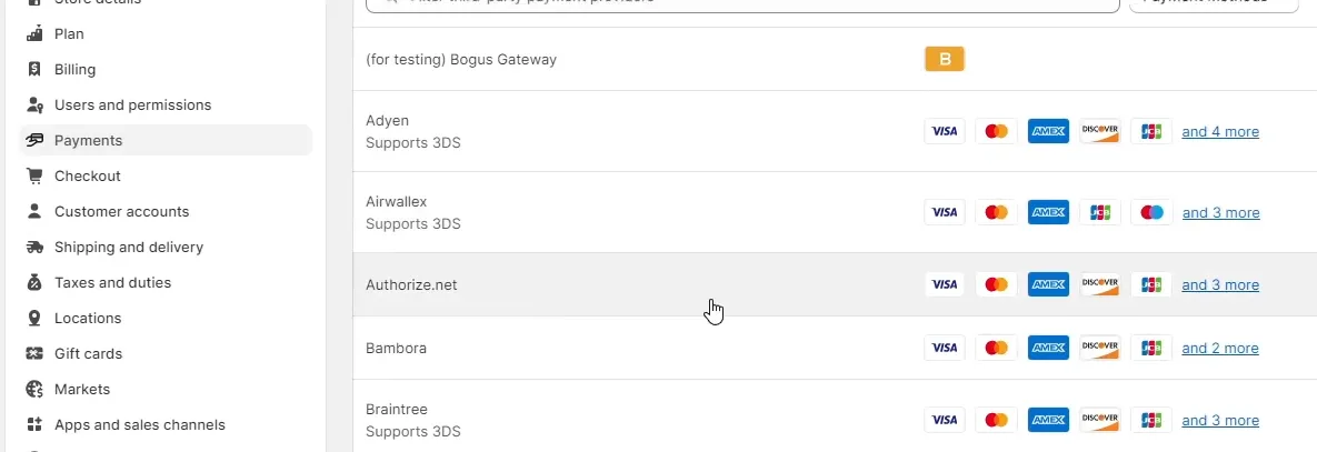 Step 3: From the list of payment providers, select Authorize.Net.